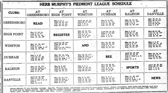 1924 Piedmont League schedule - 