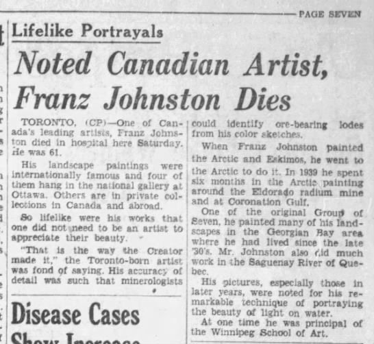 Noted Canadian Artist, Franz Johnston Dies - 