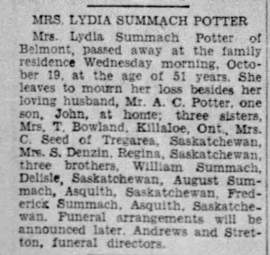 Obituary: Lydia Potter née Summach - 