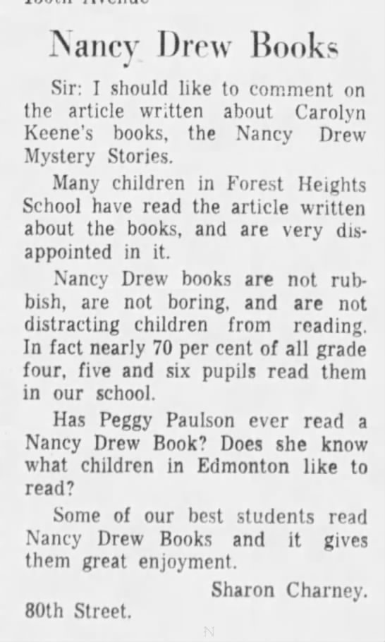 "Nancy Drew books are not rubbish" 1964 - 