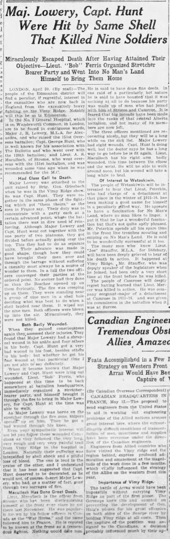 Newspaper carries news of two Canadian officers wounded at Battle of Vimy Ridge - 