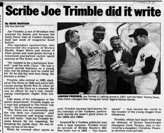 Daily News sportswriter Joe Trimble dies (1993). - 