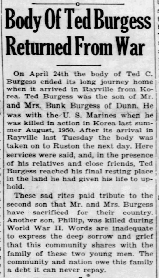 Body of Ted Burgess Returned From War - KIA Korea - 