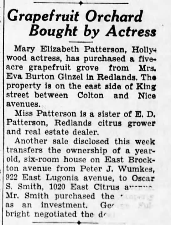 Ginzel grapefruit orchard purchased by actress Mary Elizabeth Patterson; Mrs. Trumble I Love Lucy - 