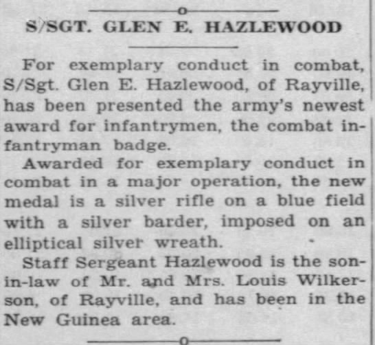 S/Sgt. Glen E. Hazlewood awarded Combat Infantryman badge. - 