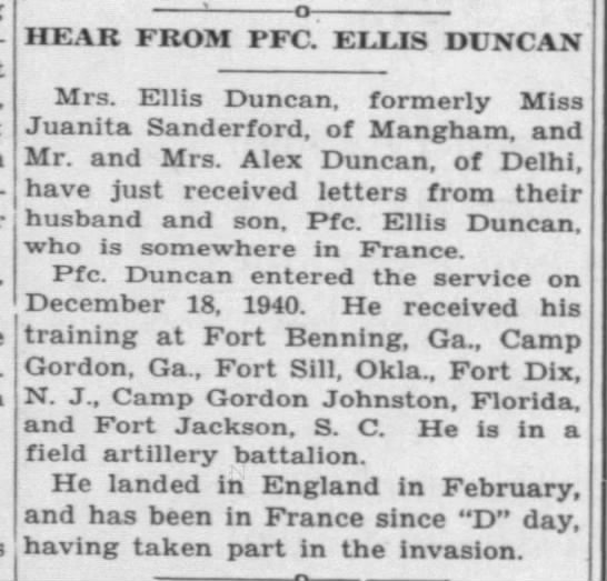 Letter home from PFC. Ellis Duncan - 