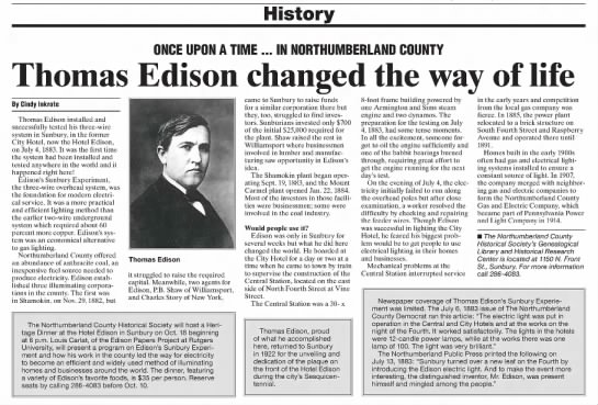 Thomas Edison Part of History of Sunbury - 