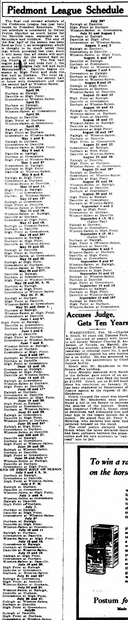 1922 Piedmont League schedule - 