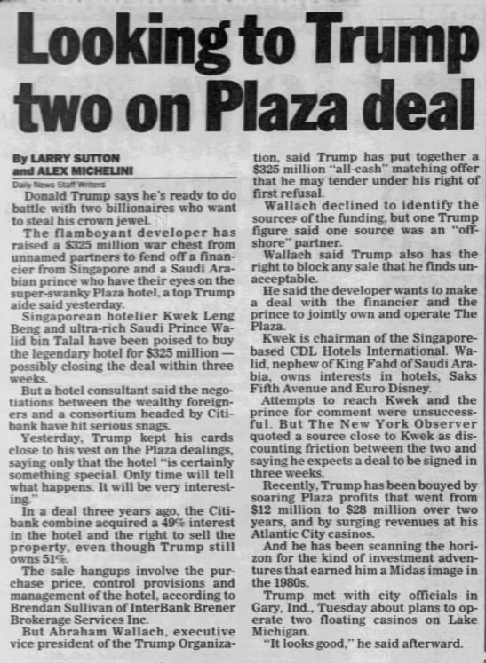 Looking to Trump two on Plaza deal - 