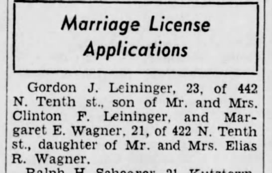 Gordon J Leininger And Margaret E Wagner Marriage License 9 7 1939 Newspapers Com