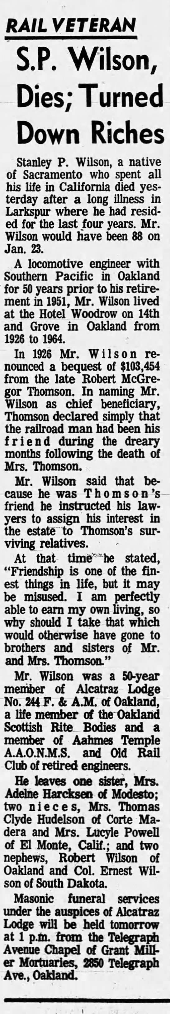 Obituary for S.P. Wilson - lived at Hotel Woodrow 1926-1954 - 