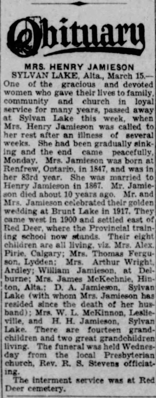 Obituary: Mrs. Henry Jamieson - 