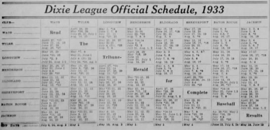 1933 Dixie League schedule - 