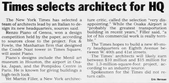 Times selects architect for HQ/Eric Herman - 