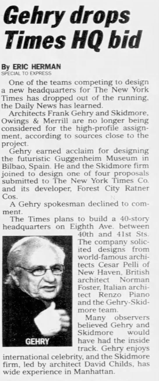 Gehry drops Times HQ bid/Eric Herman - 