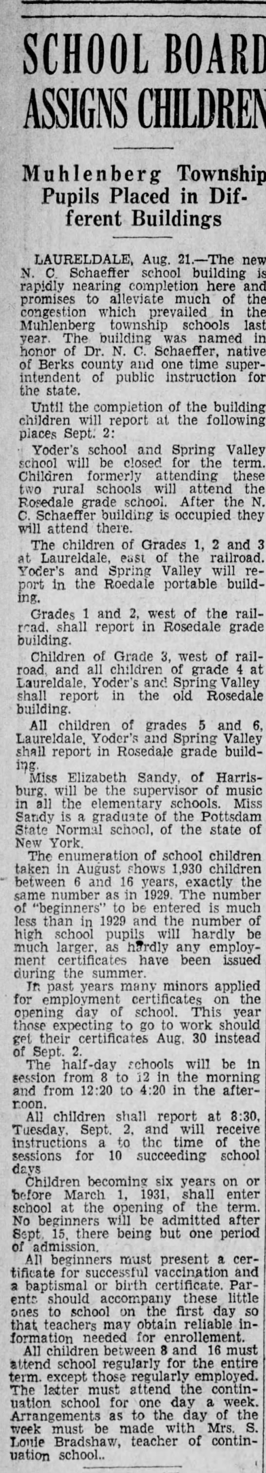 New N C Schaeffer school assignments 22 Aug 1930 - 