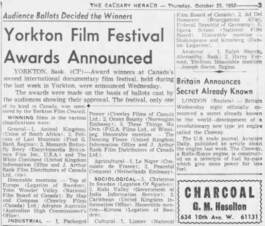 Yorkton Film Festival Awards Announced. 23 Oct 1952. The Calgary Herald. P. 3. - 