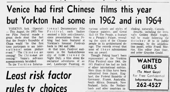 Venice had first Chinese films this year but Yorkton had some in 1962 and in 1964. 13 Oct 1971. Calg - 