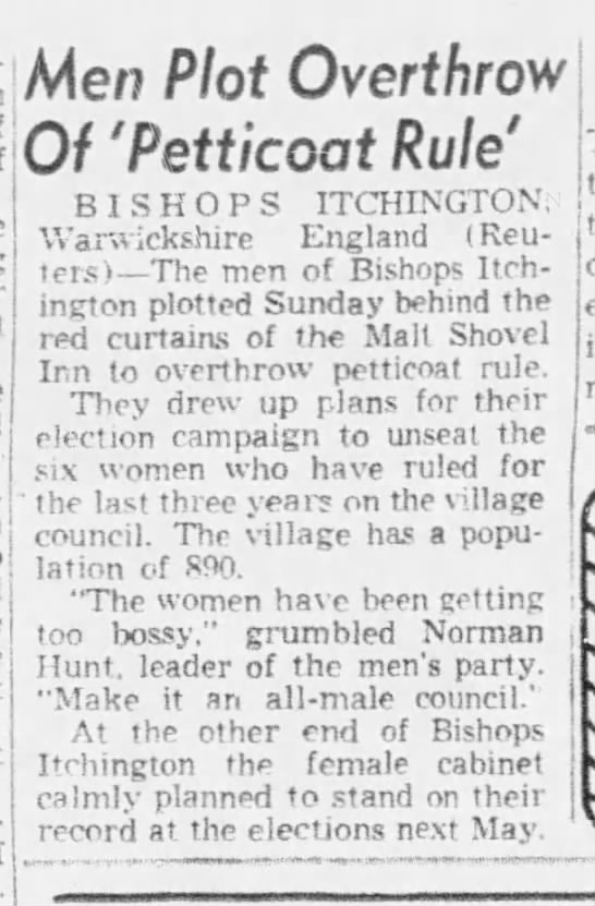 Men Plot Overthrow of 'Petticoat Rule' (Bishops Itchington, England) - 