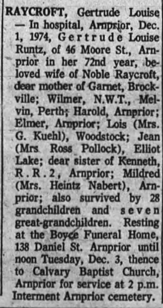 Obituary - Raycroft, Gertrude Louise - 