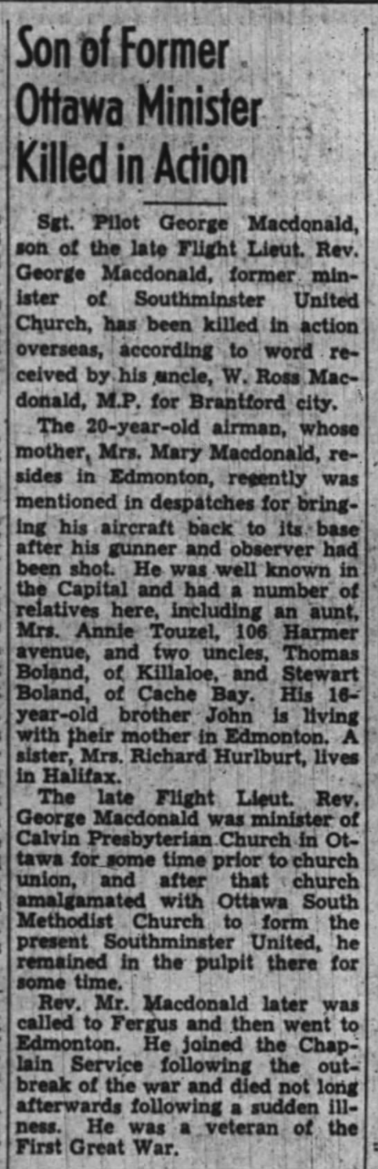 Son of Former Ottawa Minister Killed in Action - Sgt. Pilot George Macdonald - 