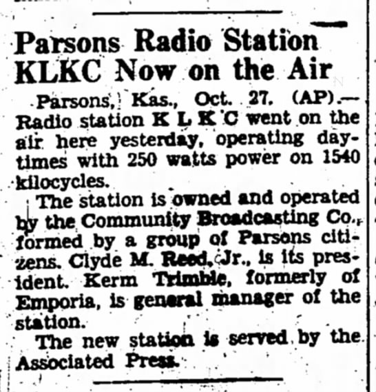 Parsons Radio Station KLKC Now on the Air - 