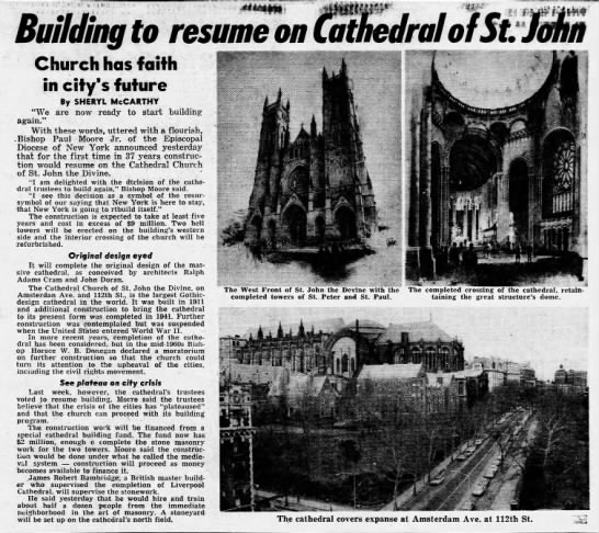 Building to resume on Cathedral of St. John - 