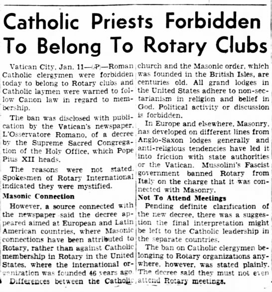 Catholic priests forbidden to belong to Rotary Jan 12, 1951 - 