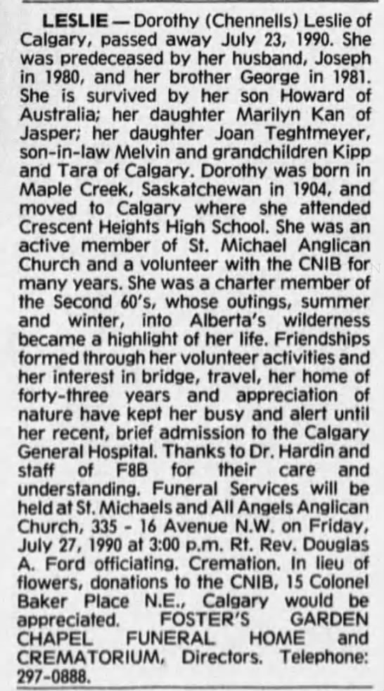 Obituary for LESLIE Dorothy Leslie, 1904-1990
