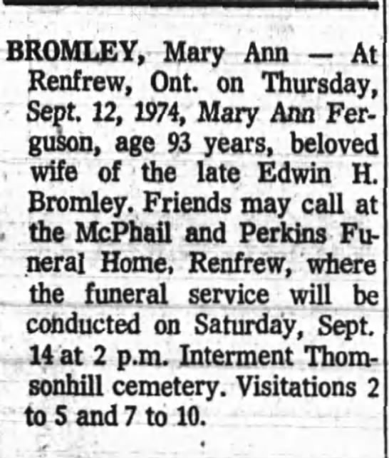 Obituary: Mary Ann Bromley nee Ferguson - 