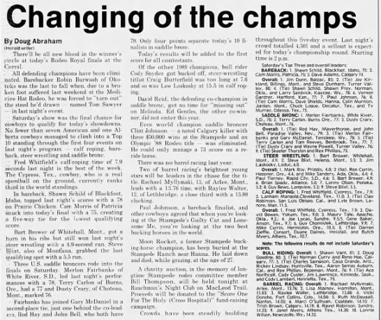 Abraham, Doug. Changing of the Champs. (25 March 1990) Calgary, Alberta: The Calgary Herald. p F6 - 