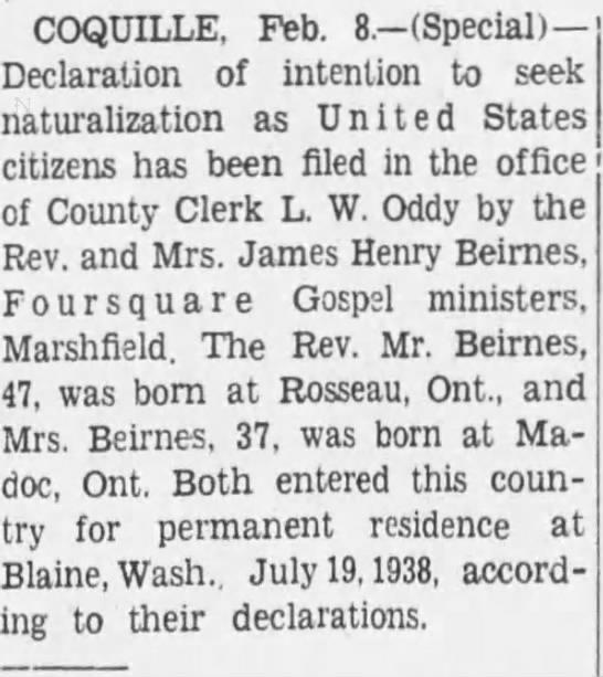 Rev. & Mrs. James Henry Beirnes file naturalization papers - 