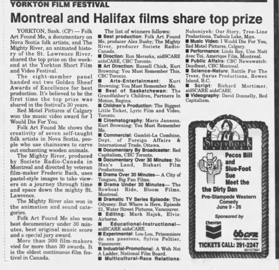 Montreal and Halifax films share top prize. Calgary Herald. 31 May 1994. P21. - 