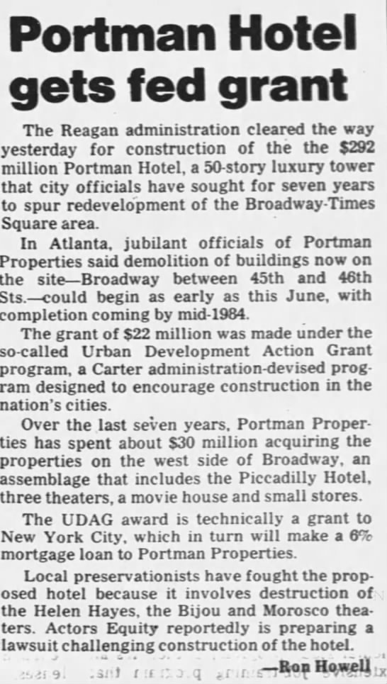 Portman Hotel gets fed grant/Ron Howell - 
