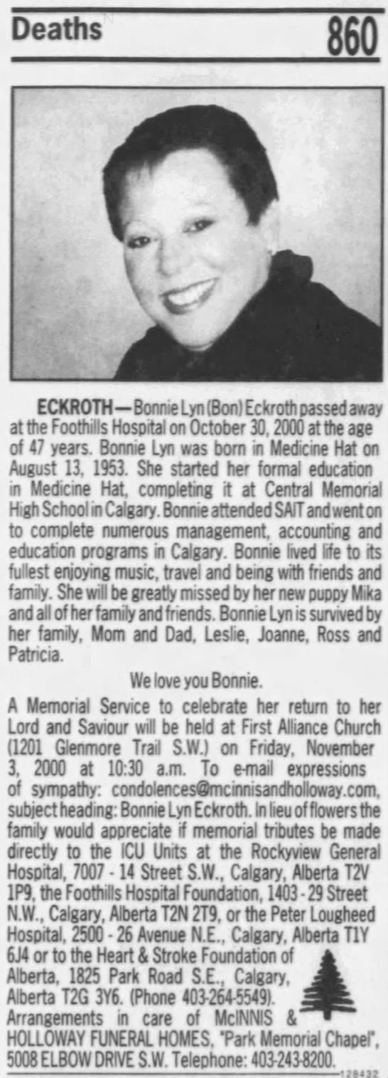 Obituary: Bonnie Lynn (Bon) Eckroth - 