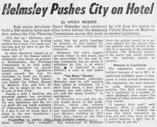 Helmsley Pushes City on Hotel - 