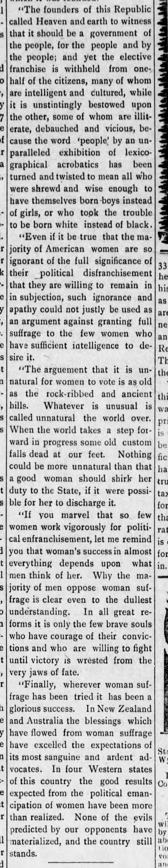 Excerpt from Mary Church Terrell's address "The Justice of Woman Suffrage" - 