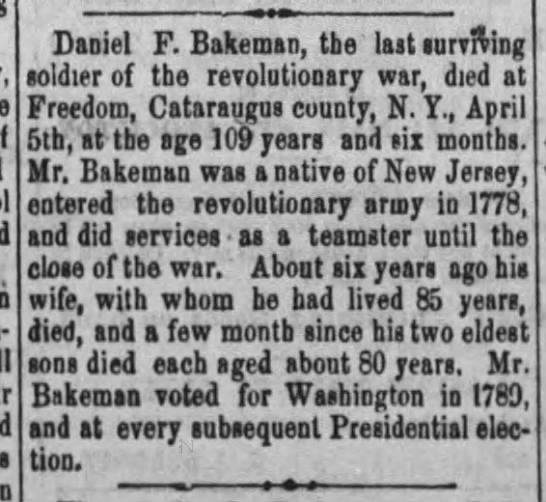 Daniel Frederick Bakemen obituary - 1869  - 
