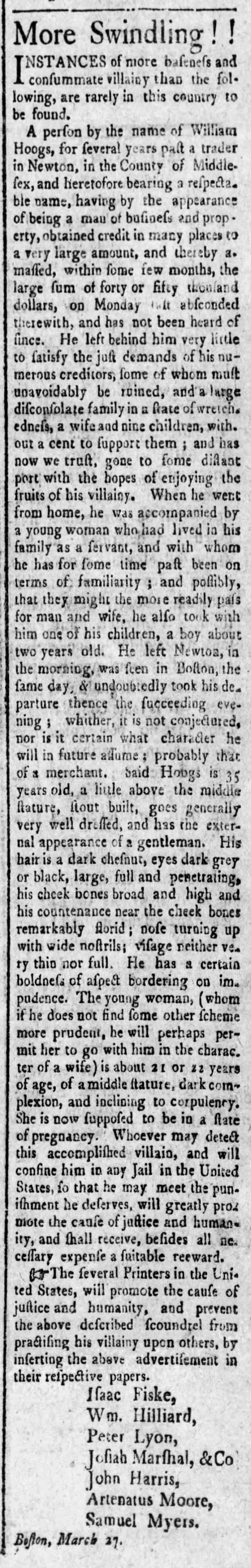 William Hoogs, swindler, fled from Boston with woman and 2 year boy, March 1810 - 