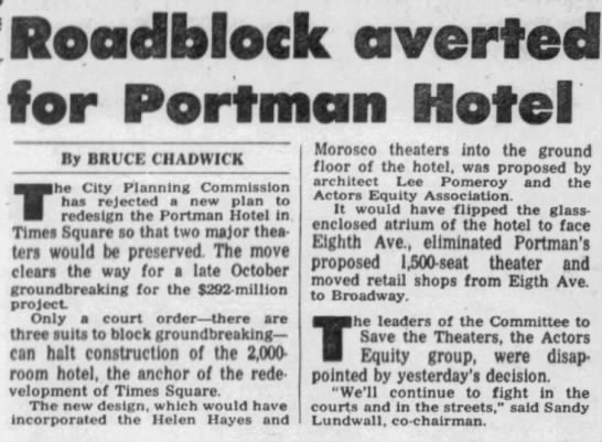 Roadblock averted for Portman Hotel/Bruce Chadwick - 
