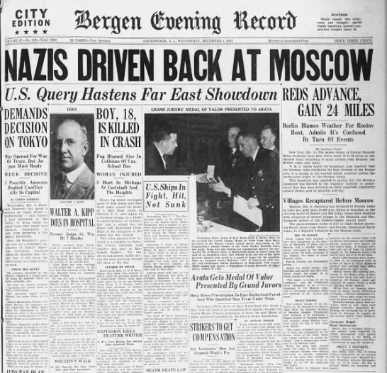 "Nazis Driven Back at Moscow; Reds Advance, Gain 24 Miles; Berlin Blames Weather for Rostov Rout" - 