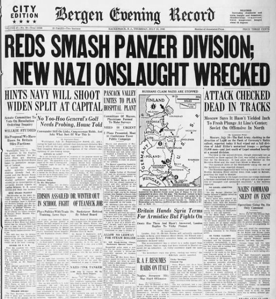 "Reds Smash Panzer Division; New Nazi Onslaught Wrecked; Attack Checked Dead in Tracks" - 