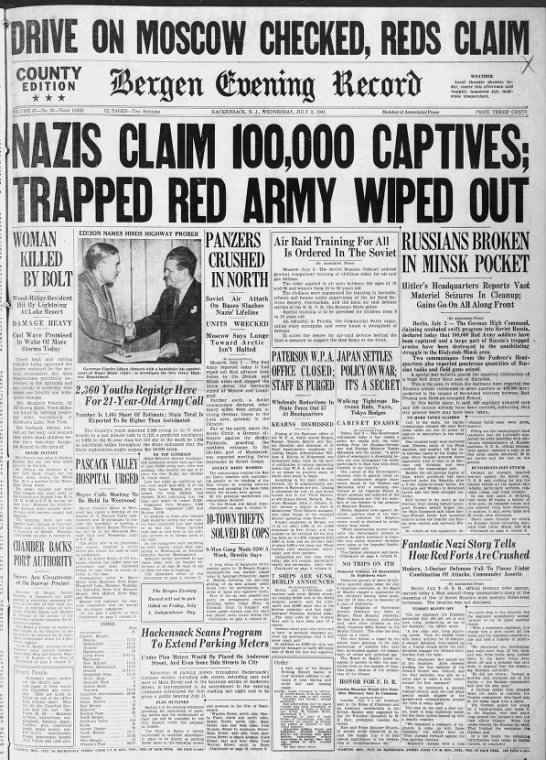 "Drive on Moscow Checked, Reds Claim; Nazis Claim 100,000 Captives; Trapped Red Army Wiped Out" - 