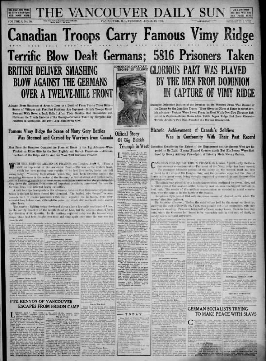 British Columbia newspaper carries articles about the opening days of the Battle of Vimy Ridge - 