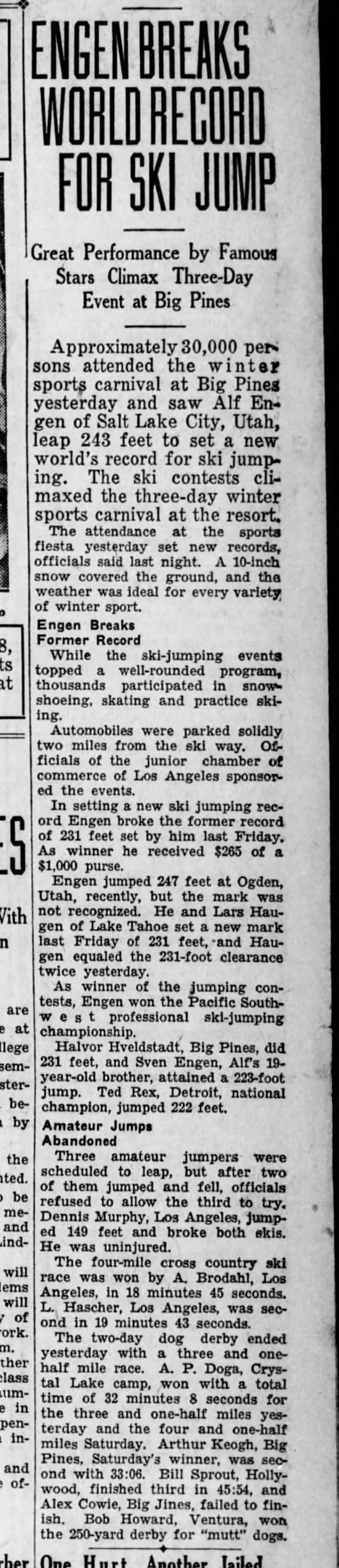 Engen Breaks World Record Ski Jump Feb 2 1931 - 