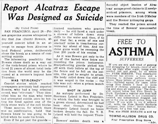 First escape attempt out of Alcatraz may have been intended as suicide - 