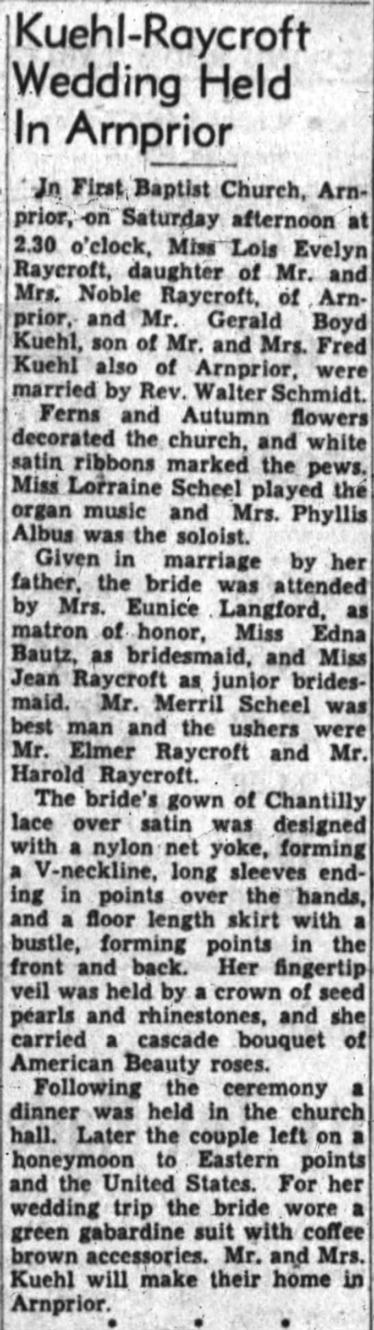 Wedding Lois Evelyn Raycroft and Gerald Boyd Kuehl - 