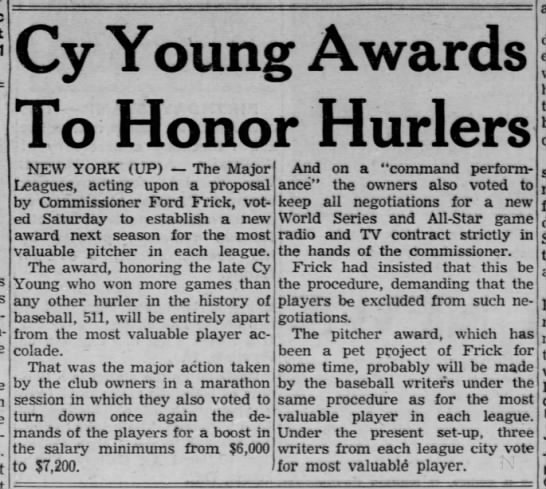 Cy Young Award established Feb 5 1956 - 