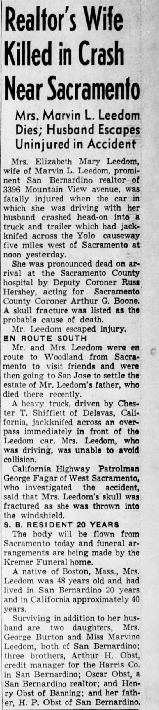 Mrs Betty Leedom Dies 1948 Sacramento