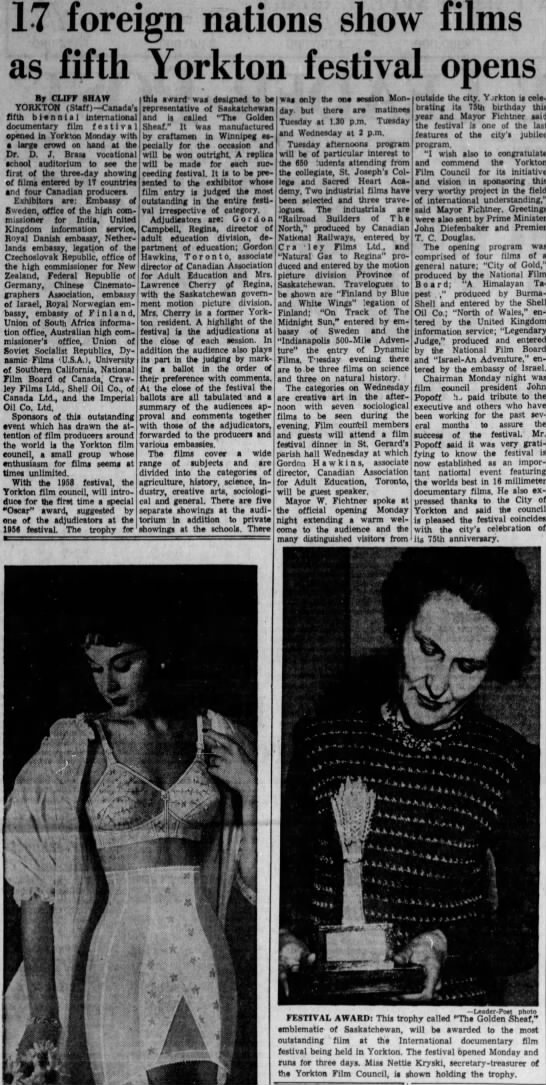 17 foreign nations show films as fifth Yorkton festival opens. 21 October 1958. The Leader-Post. P. - 